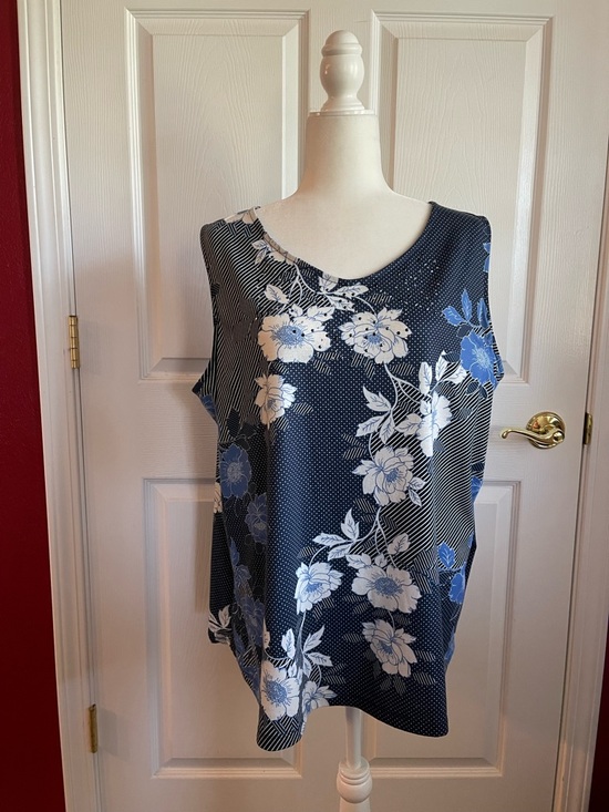 Catherines Tops - Catherines Navy Floral Print Sleeveless Blouse with Blue and White Flowers